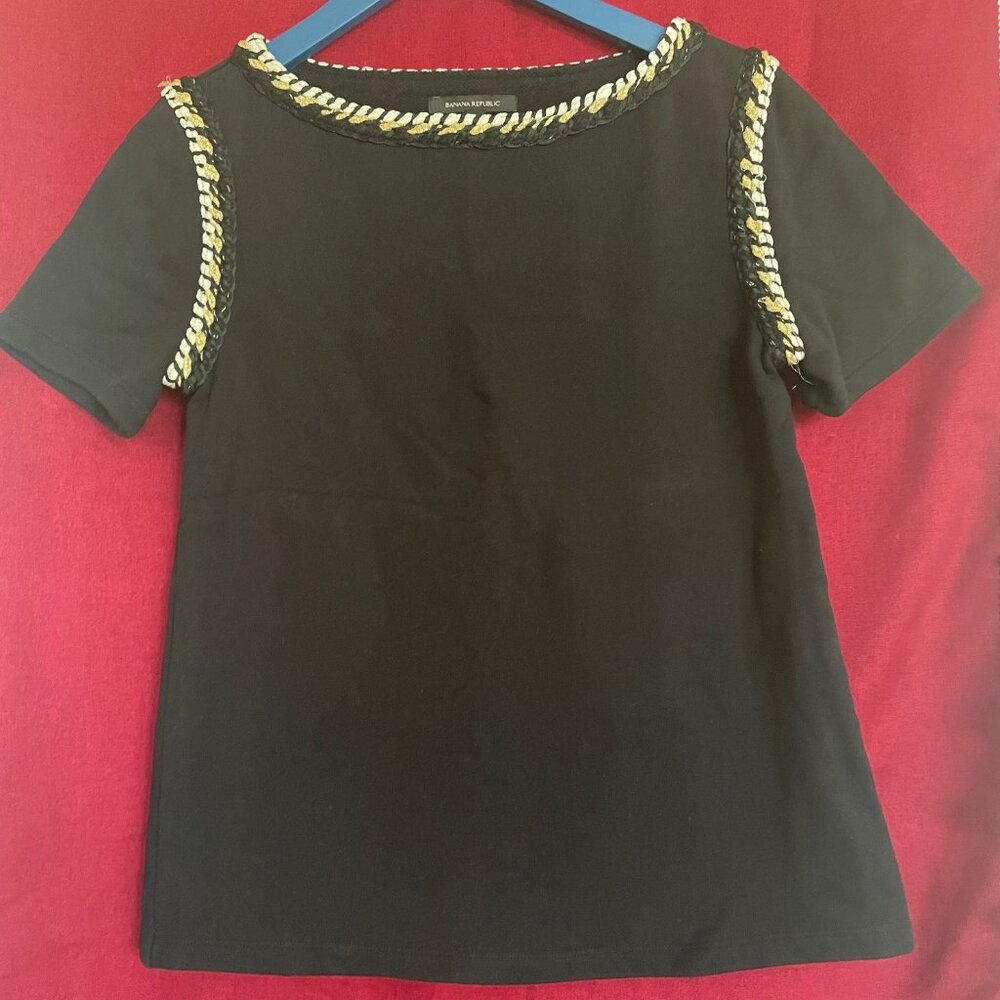 Banana Republic French Terry Rope-Trim Tee — Women's size S, black, with short s